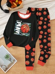 2件套男童篮球图案印花夜光针织弹力贴身长袖上衣和裤子睡衣套装 - 彩色 - 查看 4
