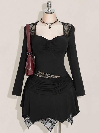 SHEIN ICON Plus Size Women's Sweetheart Collar Lace Patchwork Long Sleeve Ruched Waist Asymmetrical Hem 2 Pieces Set, Suitable For Dates, Daily Wear, Autumn/Winter