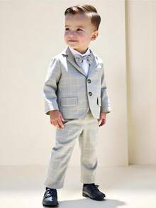 SHEIN Set de 3 piezas de traje elegante de caballero para bebés niños, que incluye chaqueta de solapa única de manga larga a cuadros, pantalones de cintura elástica y corbata de moño (camisa no incluida), adecuado para fiesta de cumpleaños, fiesta de Navidad, bautizo, celebración del 1er cumpleaños, ocasiones formales, actuación, boda, baby shower, portador de anillos, ropa de bebé niño, traje de bebé niño, ropa formal de bebé niño, atuendo de caballero para bautizo de bebé, ropa formal de ocasión para bebé niño, temporada de regreso a la escuela
