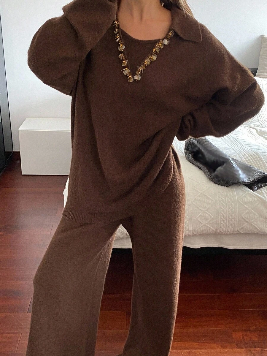 Dazy-Less Women's Casual Business Elegant Round Neck Knit Sweater And Loose Pants 2 Pieces Set, Autumn/Winter