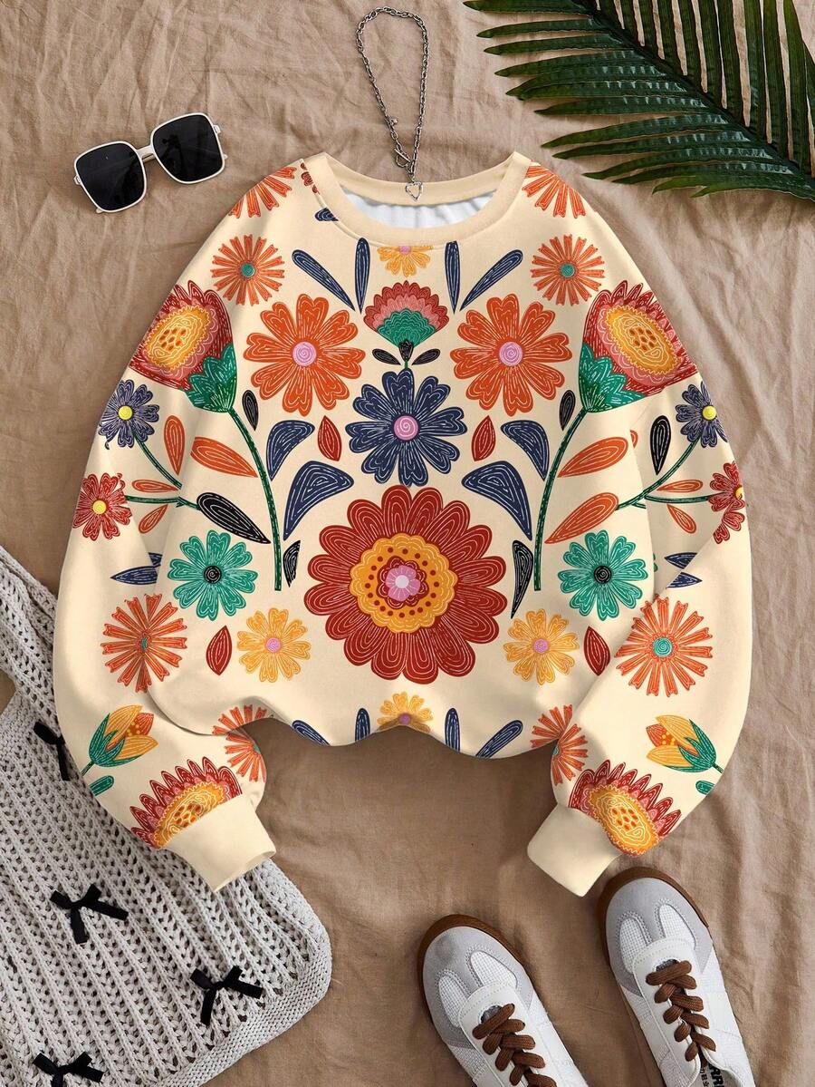 Travachic KIDS 少女亲子装（两件分开出售）休闲碎花长袖卫衣，适合度假、旅行、节日、日常穿着，以及秋冬季节。 - 彩色 - 查看 1