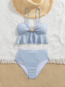 SHEIN Girls Ruffled 2 Pieces Swimsuit Set, Cute Beach Vacation Swimwear - Blue - View 5