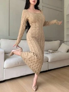 Feyla 韩版修身罗纹针织锁眼领紧身迷你连衣裙 - 駝色 - 查看 5