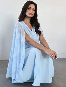 Firerie Women's Elegant Light Blue Floral Lace & Sequin Ruffle Collar Long Sleeve High Waist A-Line Maxi Dress For Autumn,Wedding Guest,Parties,Balls,Dates - Blue - View 7