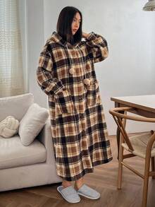 DAZY Bata de mujer con estampado de cuadros, de felpa, cálida y acogedora para el invierno