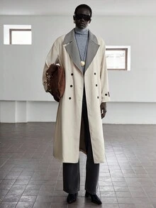 Lumivelle Abrigo de trinchera de manga larga con parches de cuadros en color caqui