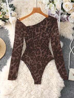 Franclia Body de manga larga con hombros transparentes y estampado de leopardo para mujer