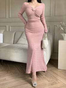 DAZY Robe fourreau à col V avec décor floral et garniture en dentelle, convient pour le Nouvel An, Noël, mariage, soirée de mode, robe de soirée, robe pull pour l'automne/hiver