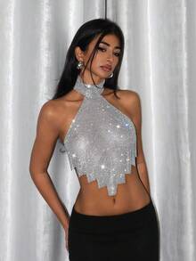 EgrlEra Metallic Mesh & Rhinestone Decor High Neck Backless Halter Top - Silver - View 3