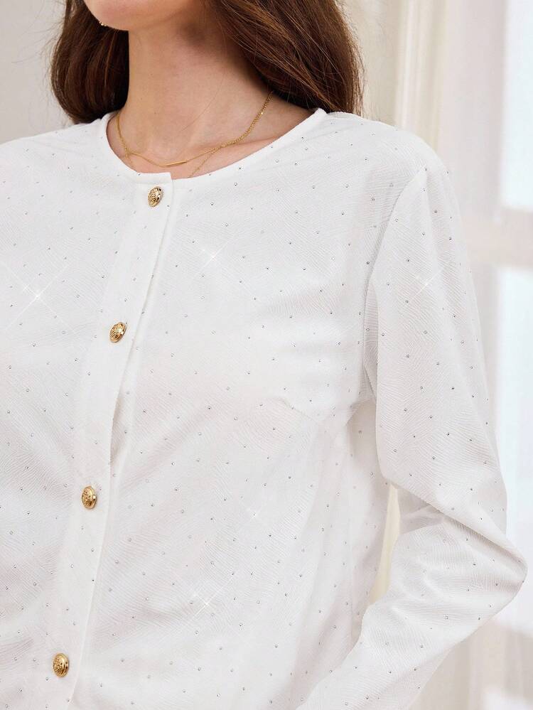 Women's Elegant 2 Pieces Set, Velvet Material With Rhinestone Decor Cardigan Top And Straight Leg Pants, Suitable For Party, Autumn/Winter