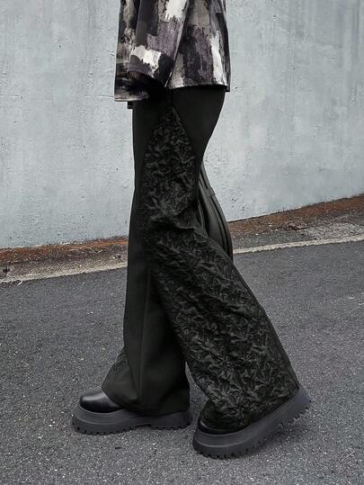 FRIFUL Women's Black Textured Fabric Patchwork Flare Pants, Slim Fit Casual Loose Trousers, Versatile For Autumn