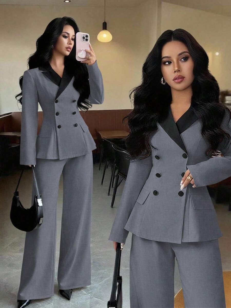 Elenzga 女士优雅通勤优雅长袖撞色腰部 A 字长套装，适合日常穿着、工作通勤和多种场合，春秋季 - 灰色 - 查看 1