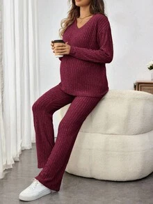 SHEIN 2件套孕妇休闲保暖罗纹长袖上衣和裤子套装，秋冬 - 酒紅色 - 查看 5