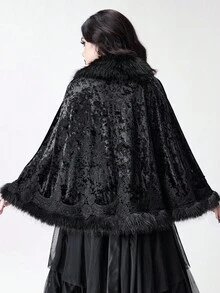 ROMWE Goth 复古宫廷拼布人造毛领钻石天鹅绒蕾丝边哥特式斗篷 - 黑色 - 查看 5