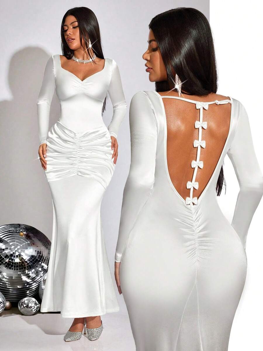 INAWLY Women's Elegant Sexy Satin Backless Bow Decor Long Sleeve Maxi Dress, Suitable For Party, Spring/Autumn - White - View 1