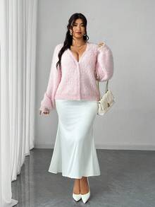 Elenzga Plus Size Women Solid Color Drop Shoulder Long Sleeve Casual Knit Cardigan, Autumn/Winter - Pink - View 6