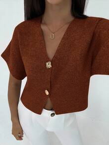 Aloruh 新款简约时尚通勤深V领短袖修身双扣开衫，休闲百搭女式秋冬装 - 鏽棕色 - 查看 6