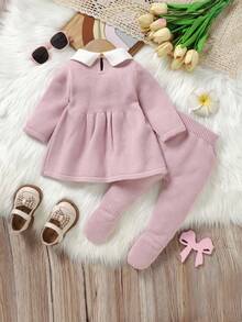 2pcs/Set Toddler Girls' Pink Sweater Dress & Tights, Peter Pan Collar Long Sleeve Cinched Waist, Fashionable & Sweet Style, Autumn/Winter Baby Set Autumn Winter Season Baby Girl Knitted Outfits Baby Girl Outfit Pink Bow Baby Outfit Baby Girl Autumn Clothes Newborn Baby Girl Outfit Set Baby Girl Long Sleeve Outfit Baby Set Autumn Winter Baby Girl Outfit Pink Bow Baby Outfit - Baby Pink - View 2