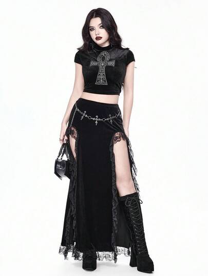 Gothic Style Sexy High Slit Lace Patchwork Velvet Women's Skirt