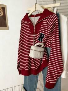 INAWLY 马球领拉链条纹字母贴片休闲长袖运动衫 - 酒紅色 - 查看 3