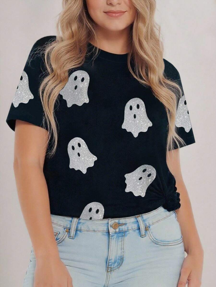 EMERY ROSE Áo thun cổ tròn in hình ma đen lấp lánh Halloween cỡ lớn dành cho nữ, Áo thun Halloween, Phù hợp cho mùa hè, Kiểu in, Áo thun thời trang hiện nay, Áo thun đẹp, Quà tặng cho anh chị em, Quà tặng cho chị em gái, Quà tặng cho mẹ, Quà tặng Ngày của Mẹ, Áo thời trang thường ngày - màu đen - Xem 1