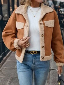 SHEIN Clasi Áo khoác nỉ kẻ caro hai mặt dành cho nữ mùa đông, có cổ, màu nâu, áo khoác lông cừu ấm áp, áo khoác mùa đông sang trọng mùa thu với lớp lót mềm mại. - Màu be - Xem 4