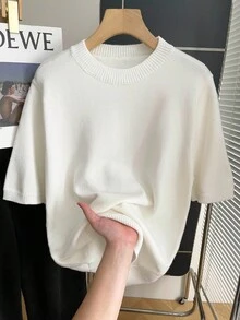 INAWLY 男士常规版型宽松针织短袖圆领上衣，秋季款 - 白色 - 查看 1