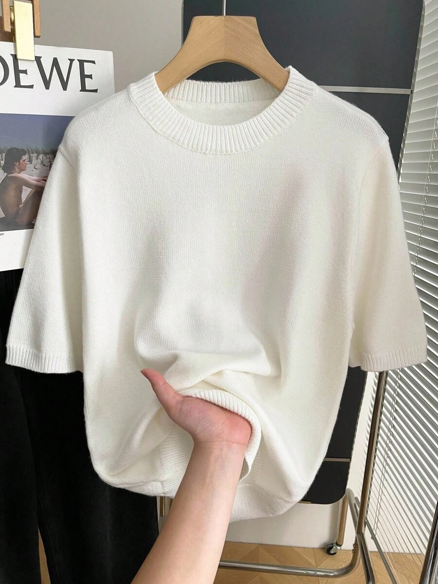 INAWLY 男士常规版型宽松针织短袖圆领上衣，秋季款 - 白色 - 查看 1