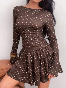 SHEIN EZwear 女士棕色圆点修身迷你连衣裙 - 棕色 - 查看 5