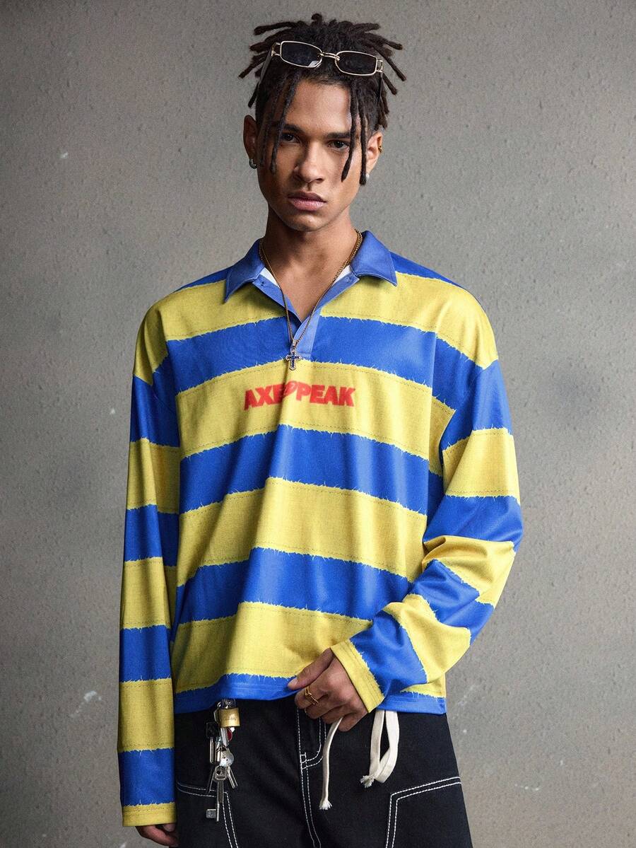 AXEPEAK Herren Lässig Mode Straßen Blau & Gelb Polo Shirt