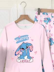 Girls' Long Sleeve Round Neck Sweater Top Paired With Loose Pants, Cute Rabbit Print Knitted Milk Silk Soft Fabric Pajama Set, Available In Pink And Blue, Adorable And Sweet Style - Pink - View 3