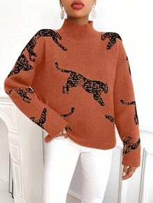 EMERY ROSE Women's Casual Loose Leopard Print Drop Shoulder Long Sleeve Turtleneck Sweater, Autumn/Winter - Burnt Orange - View 3