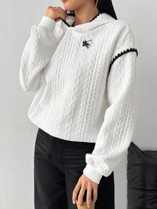 Modelyn 秋冬V领宽松休闲黑白撞色马术标志优雅复古美式风格卫衣 - 白色 - 查看 4