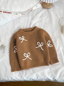 SHEIN Vintaside Kids 时尚百搭可爱蝴蝶结针织套头毛衣，适合小女孩秋季穿着。蝴蝶结毛衣，棕色毛衣，4岁女孩毛衣，秋冬服装，针织毛衣，女童毛衣，女童针织上衣，小女孩长袖服装，女童针织上衣，棕色毛衣，女童针织毛衣，小女孩服装，秋冬毛衣。 - 棕色 - 查看 5