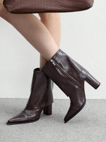 CUCCOO BIZCHIC Chocolate Brown Pointed-Toe Boots | Matte Leather-Look | 2" Chunky Heel | Hand-Held For Scale | 2 Pairs, Premium Synthetic - Brown - View 1