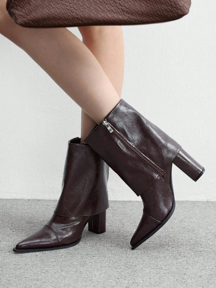 CUCCOO BIZCHIC Chocolate Brown Pointed-Toe Boots | Matte Leather-Look | 2" Chunky Heel | Hand-Held For Scale | 2 Pairs, Premium Synthetic - Brown - View 1