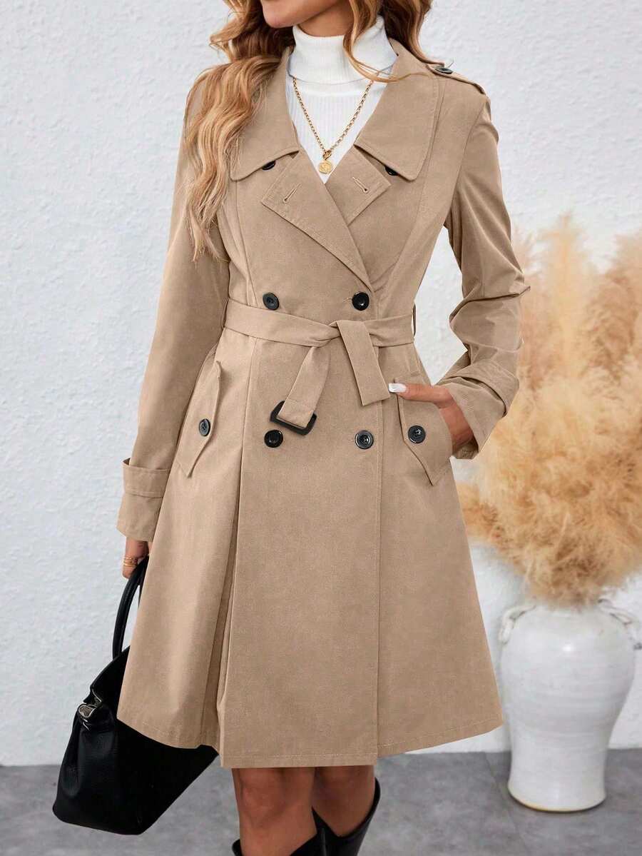 SHEIN PETITE Elegant Commuter Fashion Versatile Autumn/Winter Women's Turndown Collar Double-Breasted Slant Pocket Long Sleeve Waist Cinched A-Line Slim Fit Trench Coat - Khaki - View 1