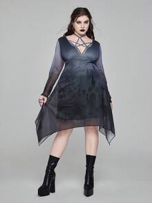 ROMWE Gothic Dark Forest Tombstone Cross Print Mesh Pentagram Lace-Up Collar Plus Size Women Waist Cinched Asymmetric Hem Dress - Black - View 6
