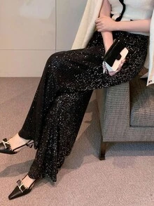 DAZY 女士优雅亮片装饰直筒裤，休闲百搭，适合新年、圣诞节、婚礼、派对、秋冬嘉年华等场合 - 黑色 - 查看 8
