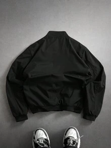 Manfinity Homme Jaket Bomber Pria Kasual Sehari-hari, Minimalis, Warna Polos, Resleting, Lengan Panjang, Lapisan Termal, Musim Gugur/Dingin - Hitam - View 2