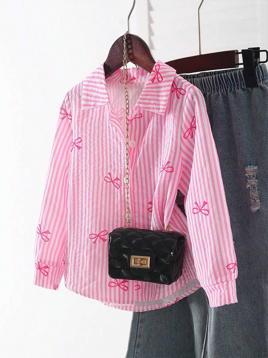 少女休闲时尚甜美翻领长袖修身竖条纹蝴蝶结印花纹理面料衬衫，适合返校季、秋冬季穿着。 - 粉色 - 查看 1