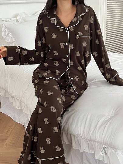 DAZY Dog Pattern Contrast Trim Long Sleeve Top And Pants Women Pajama Set, Fall Winter Clothes
