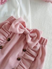 SHEIN Playful Pals 女嬰 0-3歲 粉色與白色秋季可愛生日 2件套 心形裝飾高領泡泡袖上衣 蝴蝶結荷葉邊裙子含帽子 時尚套裝 - 粉色 - 查看 6