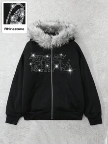 ROMWE MEN Astro Boy X ROMWE Men's Letter Rhinestone Decor Hooded Zipper Long Sleeve Sweatshirt, Suitable For Everyday Wear, Autumn/Winter - Black - View 3