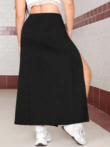 SHEIN EZwear Plus Size Women's Solid Color Simple Side Slit Long Skirt - Black - View 7