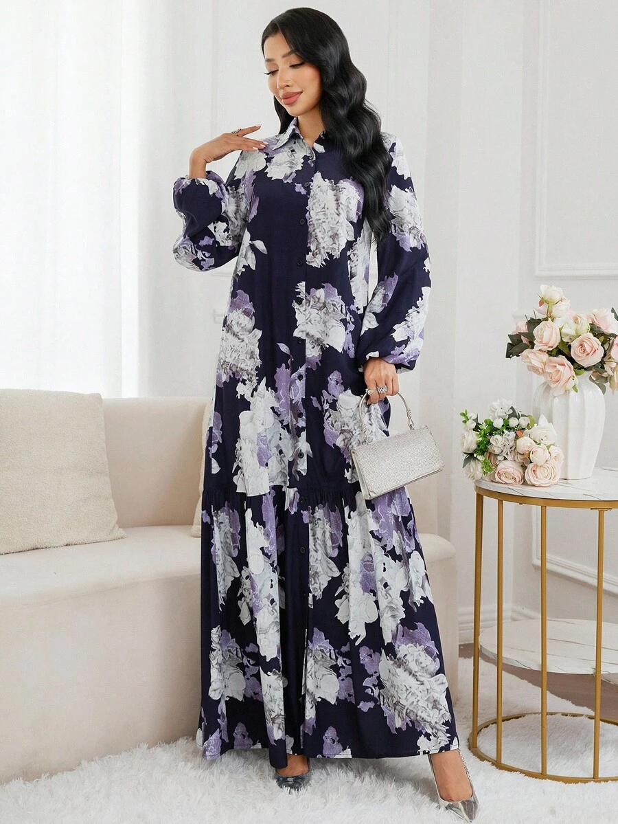 Al Najma 女式花卉印花灯笼袖单排扣阿拉伯风格连衣裙 - 彩色 - 查看 1