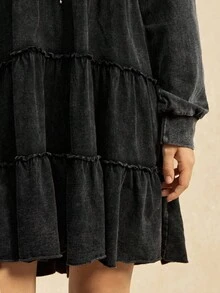 SHEIN EZwear Đầm dài tay dài tay bồng, cổ cao, vai rớt, dáng suông, màu trơn dành cho nữ, kiểu dáng thường ngày. - màu đen - Xem 5