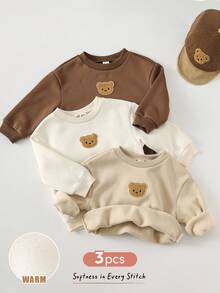 Cozy Pixies 3 pezzi Set di felpe in pile con collo a giro, maniche lunghe e motivo a orsetto cartoni animati, morbido, per bambini maschi/femmine in autunno/inverno