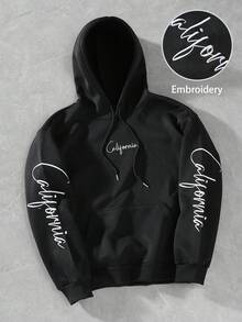 Manfinity Homme Men's Thermal Lined Solid Color Thermal Lined Hoodie With Drawstring, Letter Embroidery, Casual & Versatile, Autumn/Winter, Long Sleeve Top - Black - View 4