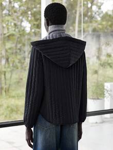 Lumivelle Vertical Striped Padded Coat, Front Center 4-Button Closure, Open Hem - Black - View 2